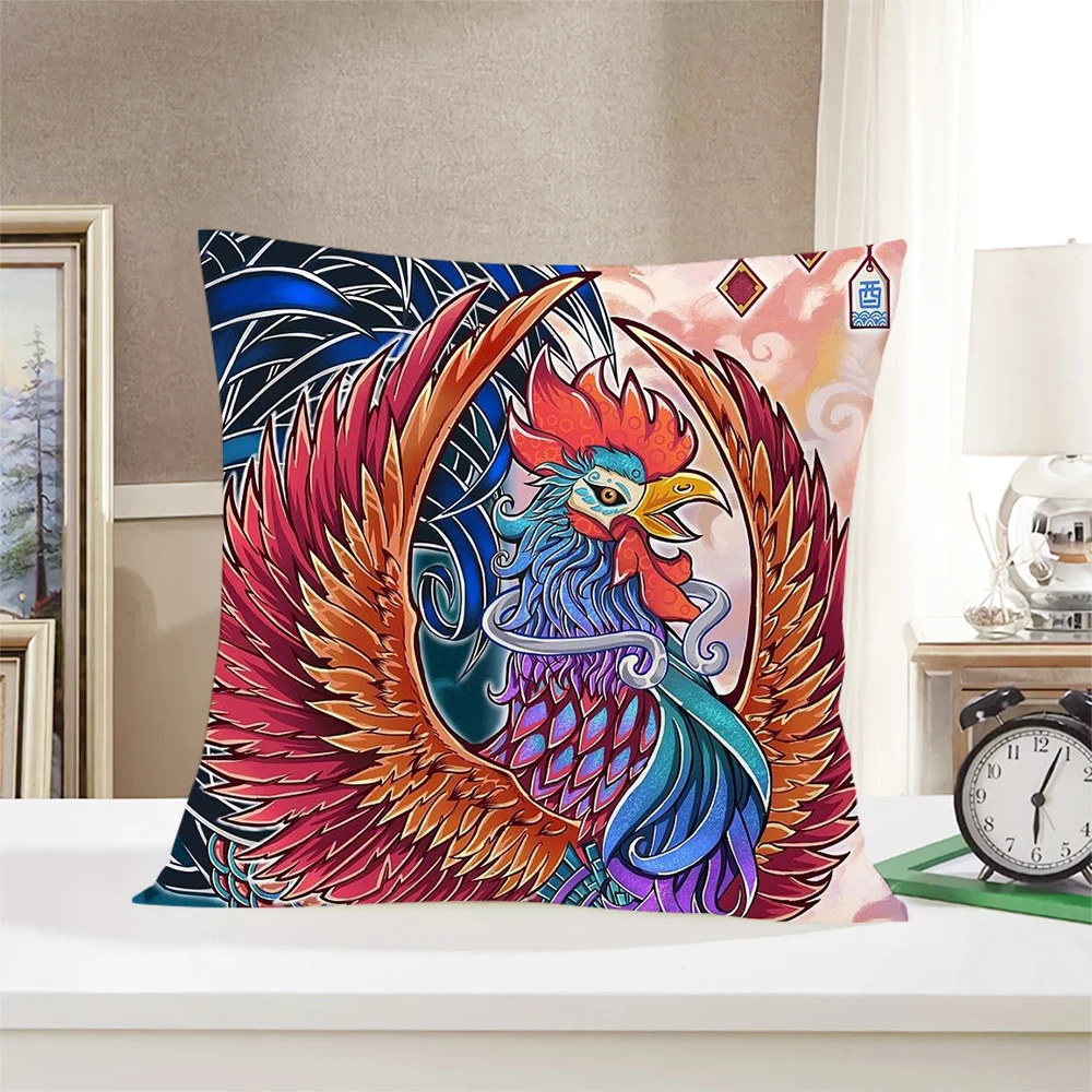 

CLOOCL Fashion Pillowcase Ukiyo-e Zodiac Chicken Art Painting Pattern 3D Double-sided Printed Cushion Cover for Sofa Car Decor