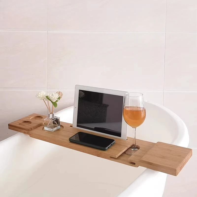 Bamboo Bathtub Caddy with Tablet Phone Holder Multi-Functional Spa Organizer for Bathroom/Tub/Wooden Bucket Non-Slip Bath Shelf