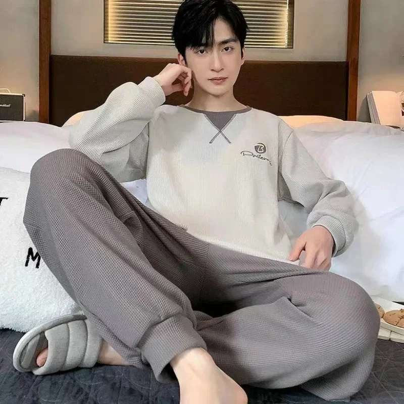 2024 New Cotton Pajamas Men's Spring Autumn Long Sleeve Sleepwear Suit Casual Waffle Loose Loungewear Round Collar Homewear
