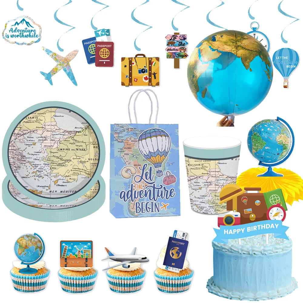 Globale Reise Einweggeschirr Teller Tassen Hängende Spirale Kuchen Topper Luftballons Abenteuer Ruhestand Abschlussfeier Dekor