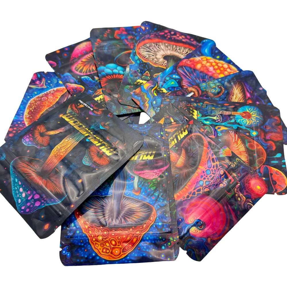 50Pcs 3.5g Mushroom Reusable Big Laser Storage Bag Mylar Waterproof Plastic POUCH Cookie Spice Powder Ziplock Bags Packing