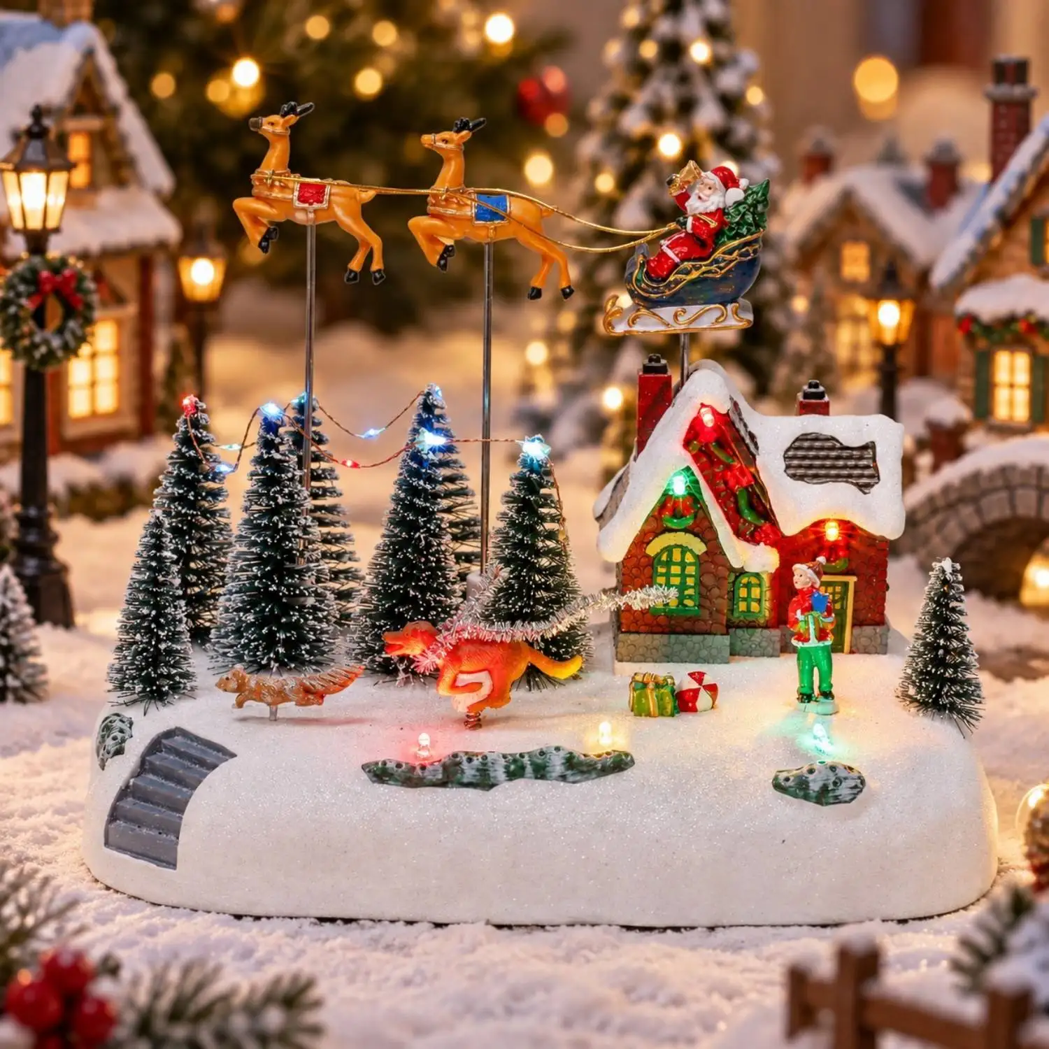 Animierter Weihnachtsmann-Schlitten mit Musiklichtern, Weihnachtsdorf-Dekoration, Snots on the Run, Figuren-Gebäude-Zubehör für den Innenbereich