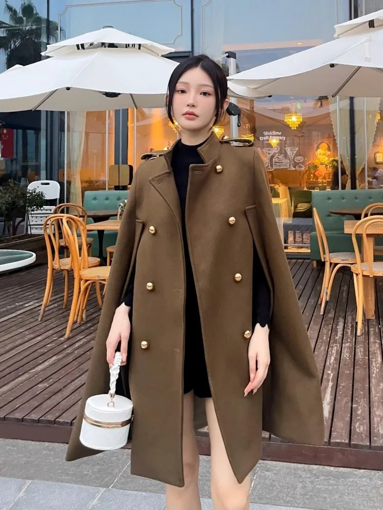 Autumn Winter Women Cloak Overcoat Stand Collar Double Breasted
