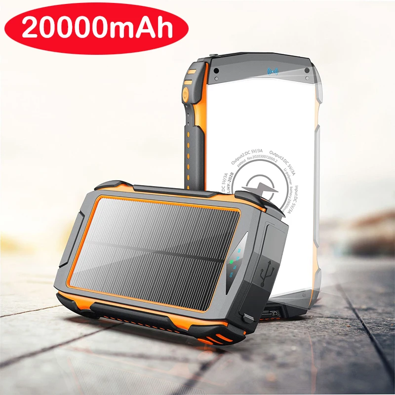 

20000mAh Solar Power Bank Fast Qi Wireless Charger for iPhone 13 Huawei Xiaomi PD 18W Fast Charging Powerbank with Camping Light