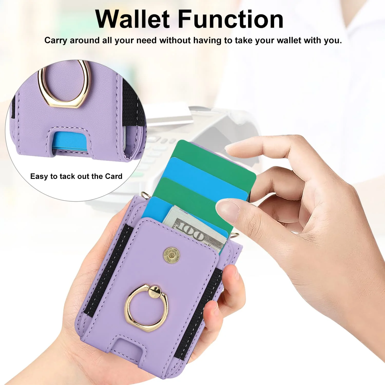 Crossbody Leather Wallet Case with Ring Holder & Card Slot - Long Lanyard Design