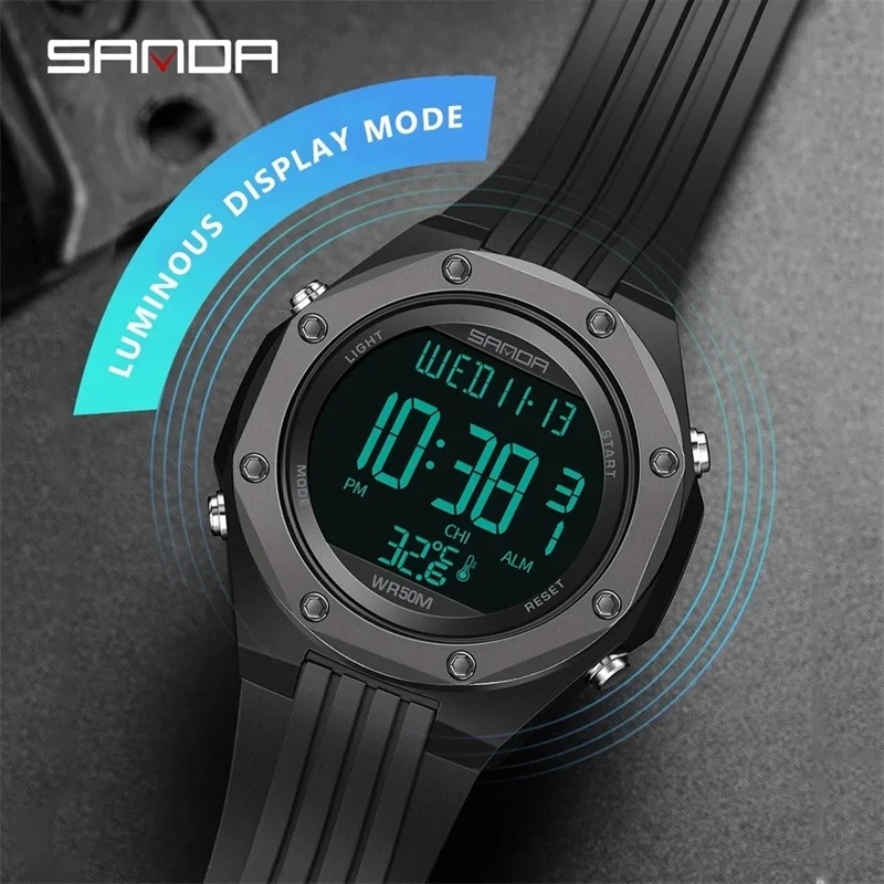 

SANDA 6028 2023 New Model Thermometer Environment Single Movement Display Alloy Case Electronic Men's Watch Digital Wristwatches