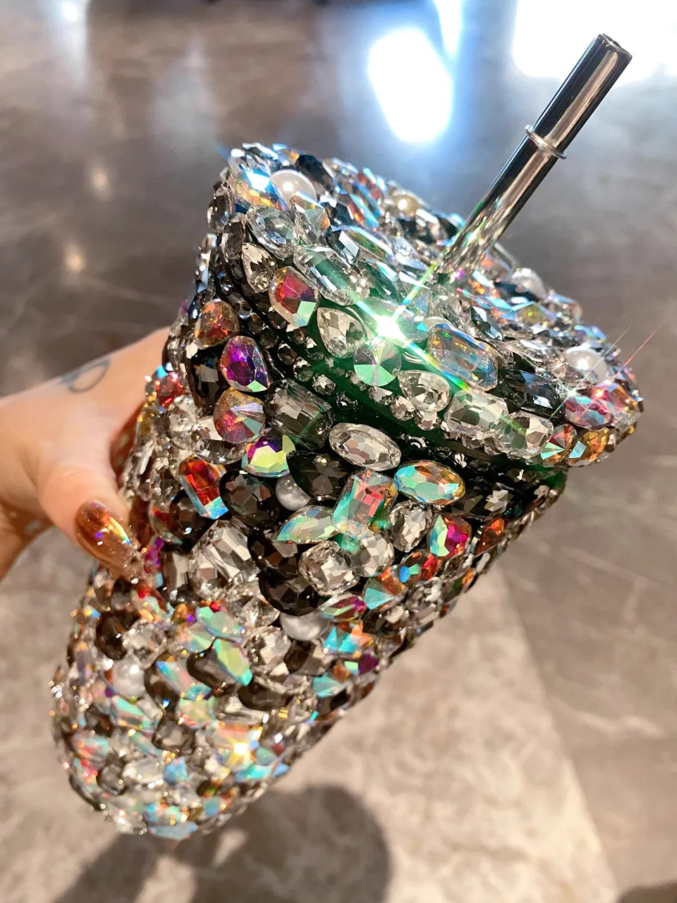 500ml Big Bling Rhinestone Sparkle DIY Handmade Stainless Steel Luxury Car Cup with Straw 3