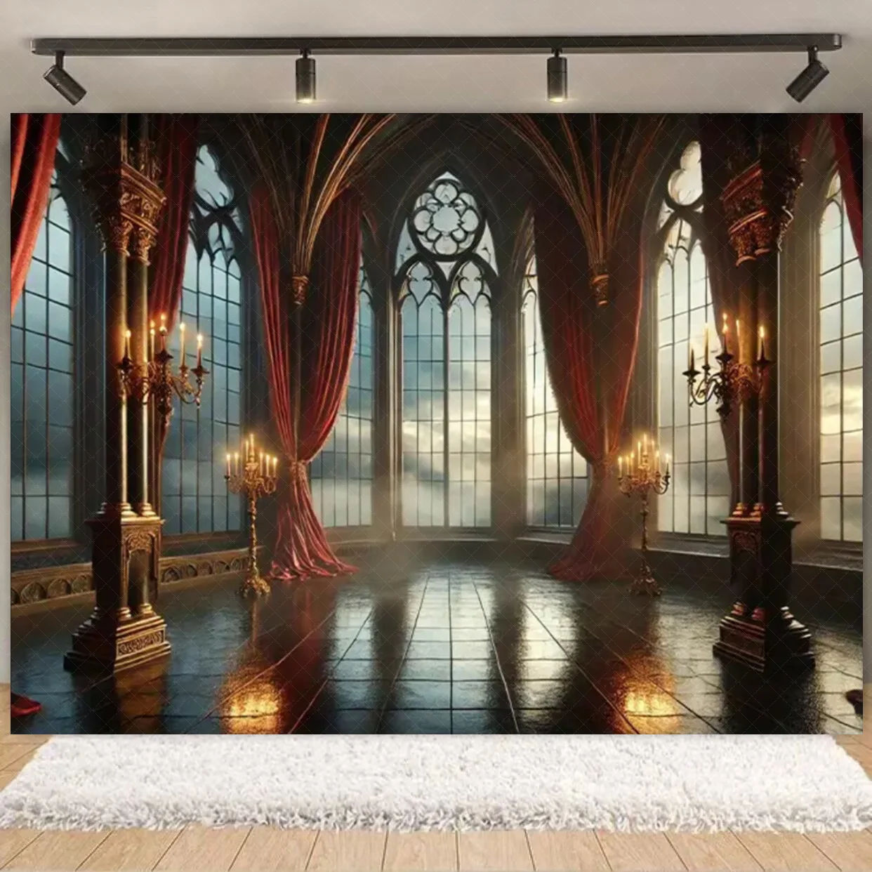 Schwarzer, eleganter gotischer Hof-Stil-Hintergrund, dunkler Raum und roter Himmel, Fotografie-Hintergrund, Party-Dekoration, Vinyl-Raum-Hängetuch – Detail 9