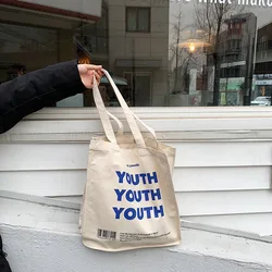 Women Canvas Shopping Bag YOUTH Letters Print Female Cotton Cloth Shoulder Bag Reusable Grocery Shopper Bags Eco Handbag Tote