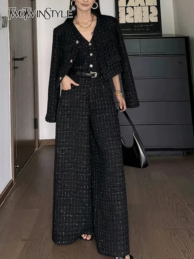 TWOTWINSTYLE Elegant Two Piece Sets For Women Long Sleeve Slim Coat V Neck Sleeveless High Waist Jumpsuit Fashion Set Female New female fashion rhinestone decor sleeveless wide leg jumpsuit temperament commuting women s o neck high waist casual jumpsuits