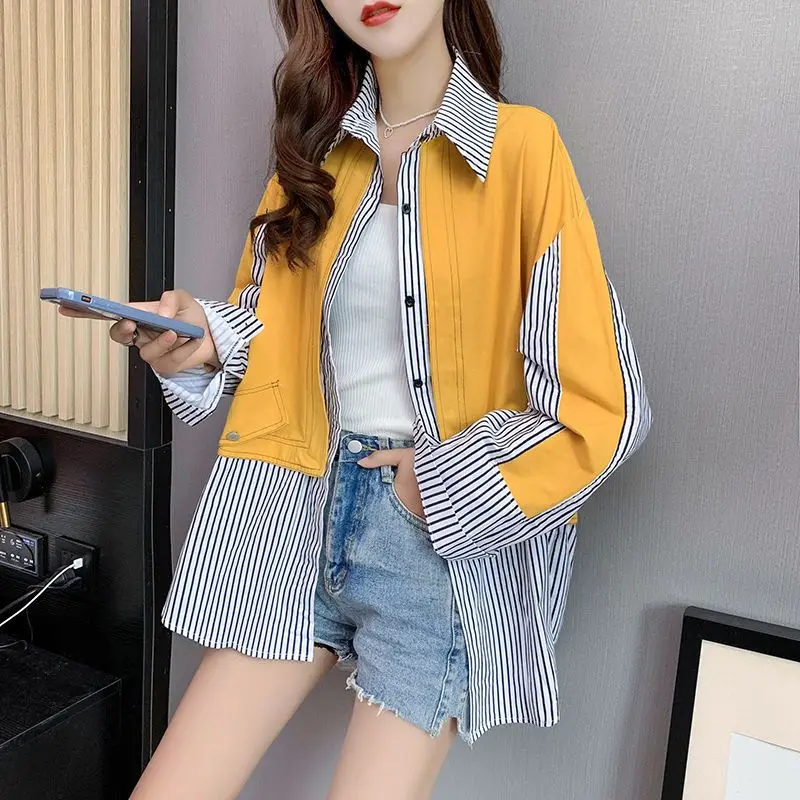 Fashion Color Spliced Striped Fake Two Pieces Shirts Female Clothing 2023 Autumn Winter Loose Casual Tops Asymmetrical Blouses