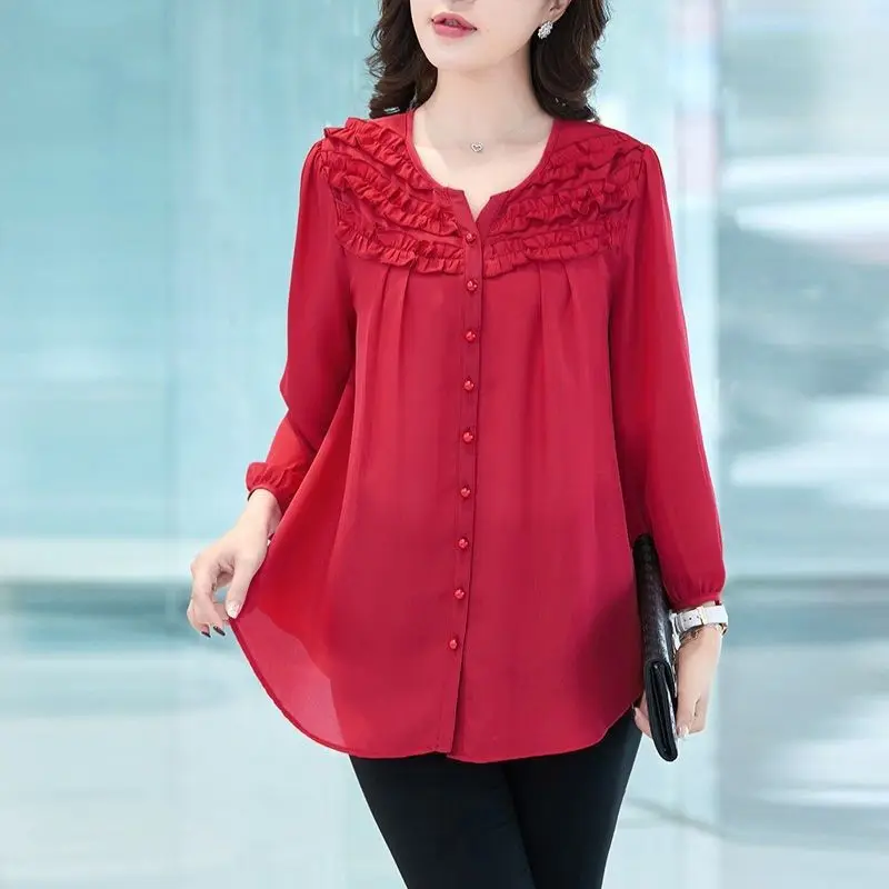 

Elegant Chic Sweet Ruffle Solid Loose Chiffon Shirts Spring Summer Fashion Irregular Casual Tops Blouses for Women Clothing 2023