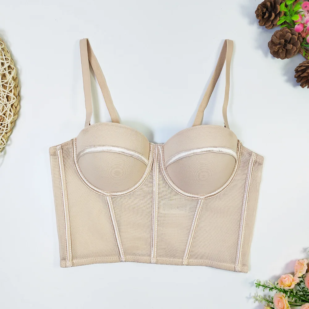 Women Boned Mesh Bustier Corset Crop Tops Push Up Bra Summer Sexy​ Sleeveless Bodices Halter Tank Top Slim Camisole Back Buckle