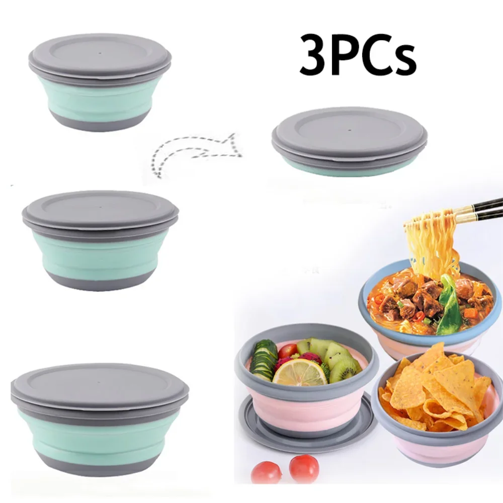 

3Piece Foldable Set Bowl Outdoor Convenient To Carry Camping with Lid Silicone Travel Bowl Children's Bowl Lunch Box Set New