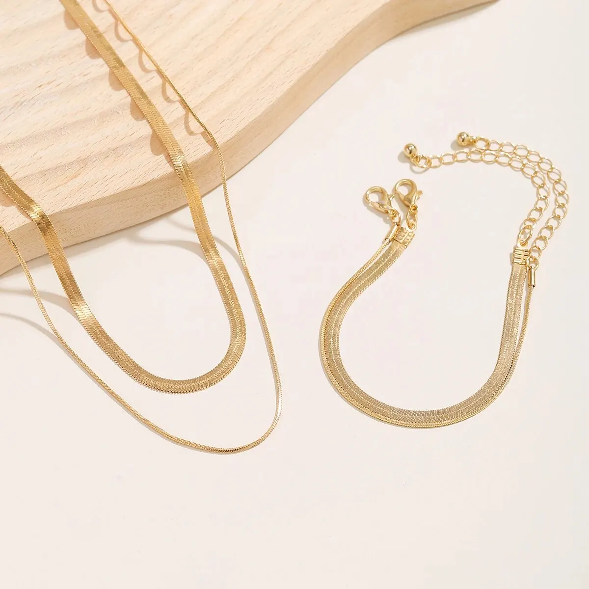Jewelry Set 2Pcs Goth Multilayer Flat Snake Chain Necklace Bracelet for Women Simple Vintage Clavicle Choker Aesthetic Wed Y2K