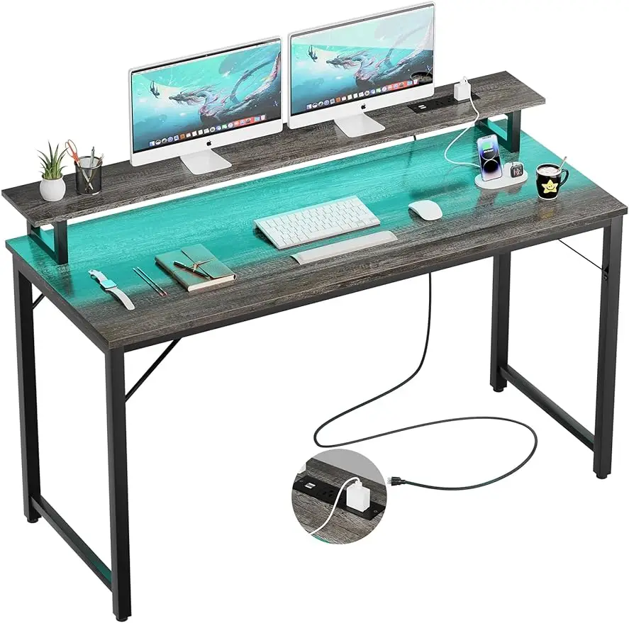 55 inch Computer Desk with Power Outlets, Office Desk Gaming Desk with LED Lights, Home Office  with Monitor Shelf, hd ipc1800 1080p plus4 ip camera tester monitor cctv tvi cvbs analog video test touch screen h 265 4k 8mp wifi poe power output