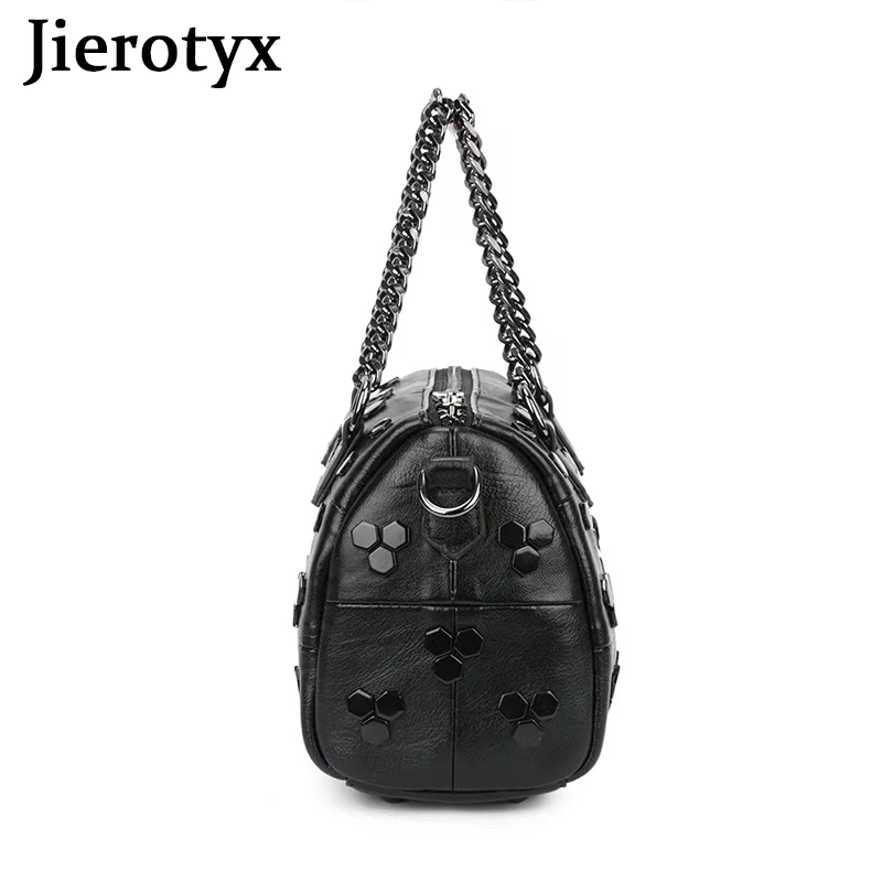 JIEROTYX Handbags for Women Gothic Rivet Female Tote Shoulder Bag Studded Leather Satchel Bags with Chain Black Leather