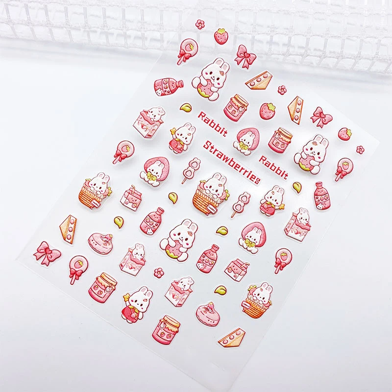 

RIZZNAIL Pink Gradient Chibi Bunny Nail Supplies Cartoon Strawberry Rabbits Youth DIY Decoration Self Adhesive Stickers