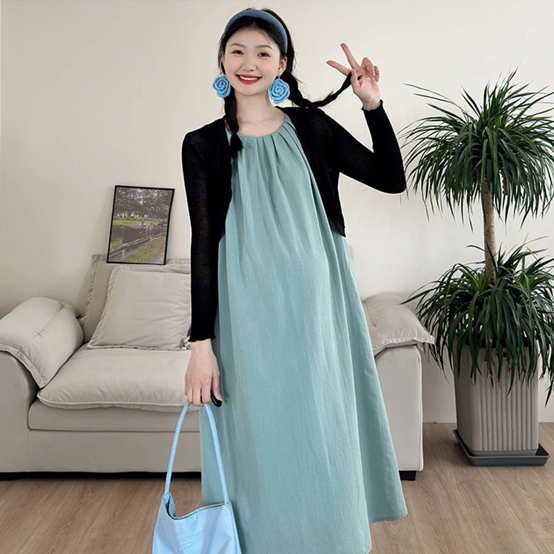 New Maternity Suit French Style Cyan Dress + Black Shawl Two Piece Woman Fashion Long Dress Pregnant Woman Summer Clothes Set