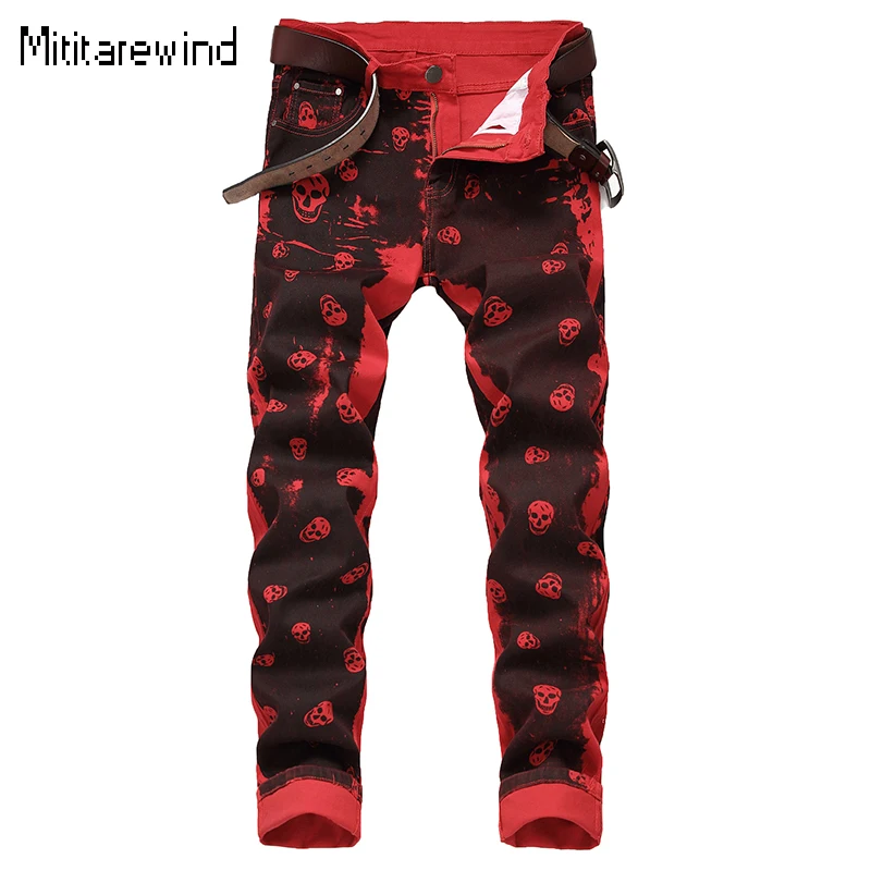 

Hip Hop Skull Print Red Jeans for Men Y2k Streetwear Full Length Men Pant Washed Cotton Stretch Slim Jeans Youth Trendy Trousers