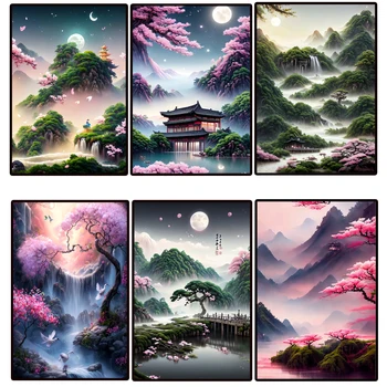 벚꽃 DIY 다이아몬드 페인팅 키트, 폭포 풍경, 전체 다이아몬드 모자이크, 호수, 달 자수, 크로스 스티치, 홈 데코