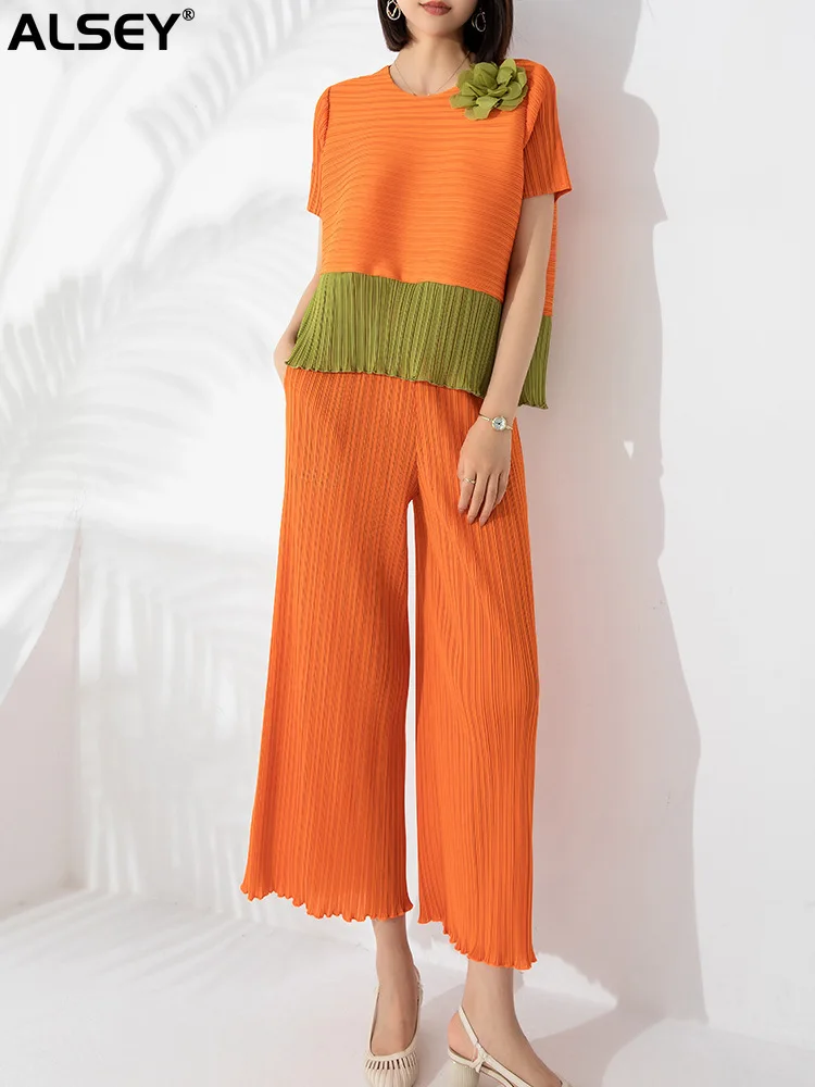 

ALSEY Miyake Pleated Fashion Two-Piece Set for Women Contrast Color Pullover Top+High Waist Tight Edge Straight-Leg Pants set