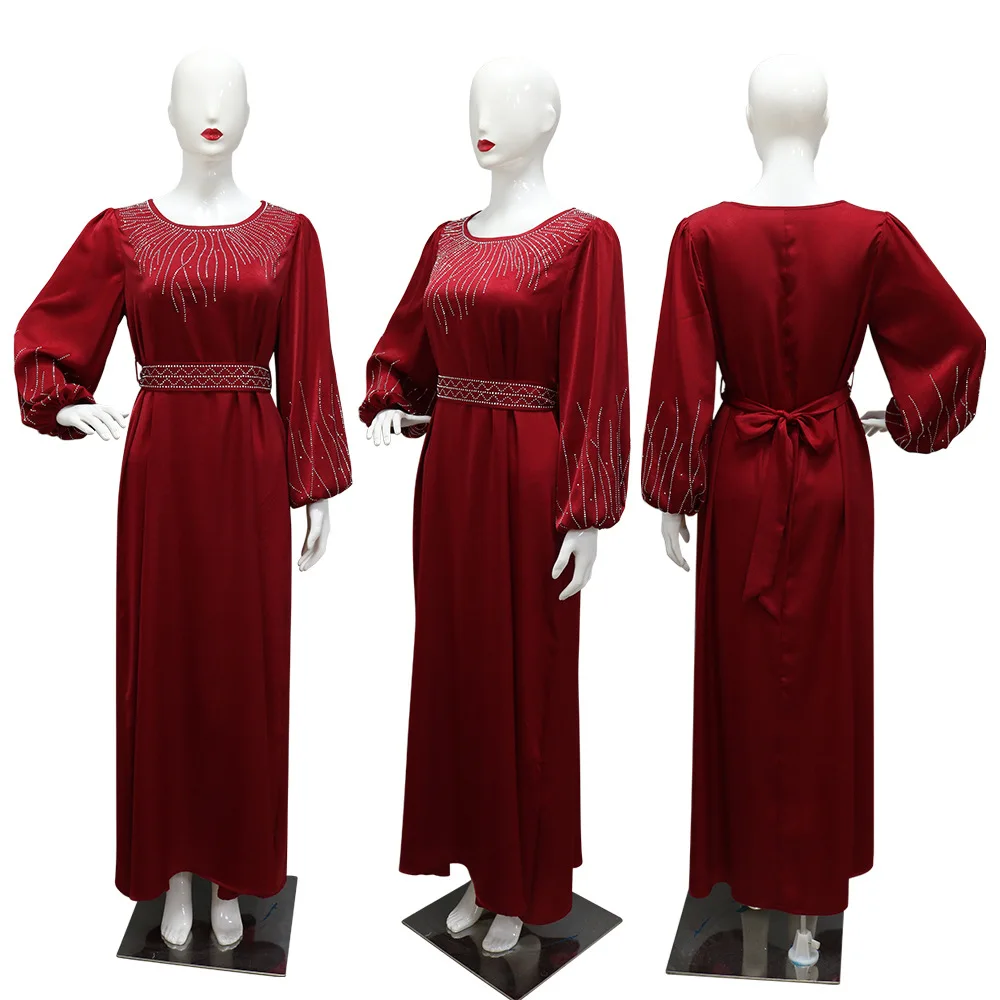 2025 Middle Eastern Dubai Women's Stylish Hotfix Diamond Belted Maxi Robe Evening Gown, Saudi Arabian Muslim Robe Long Dress 5