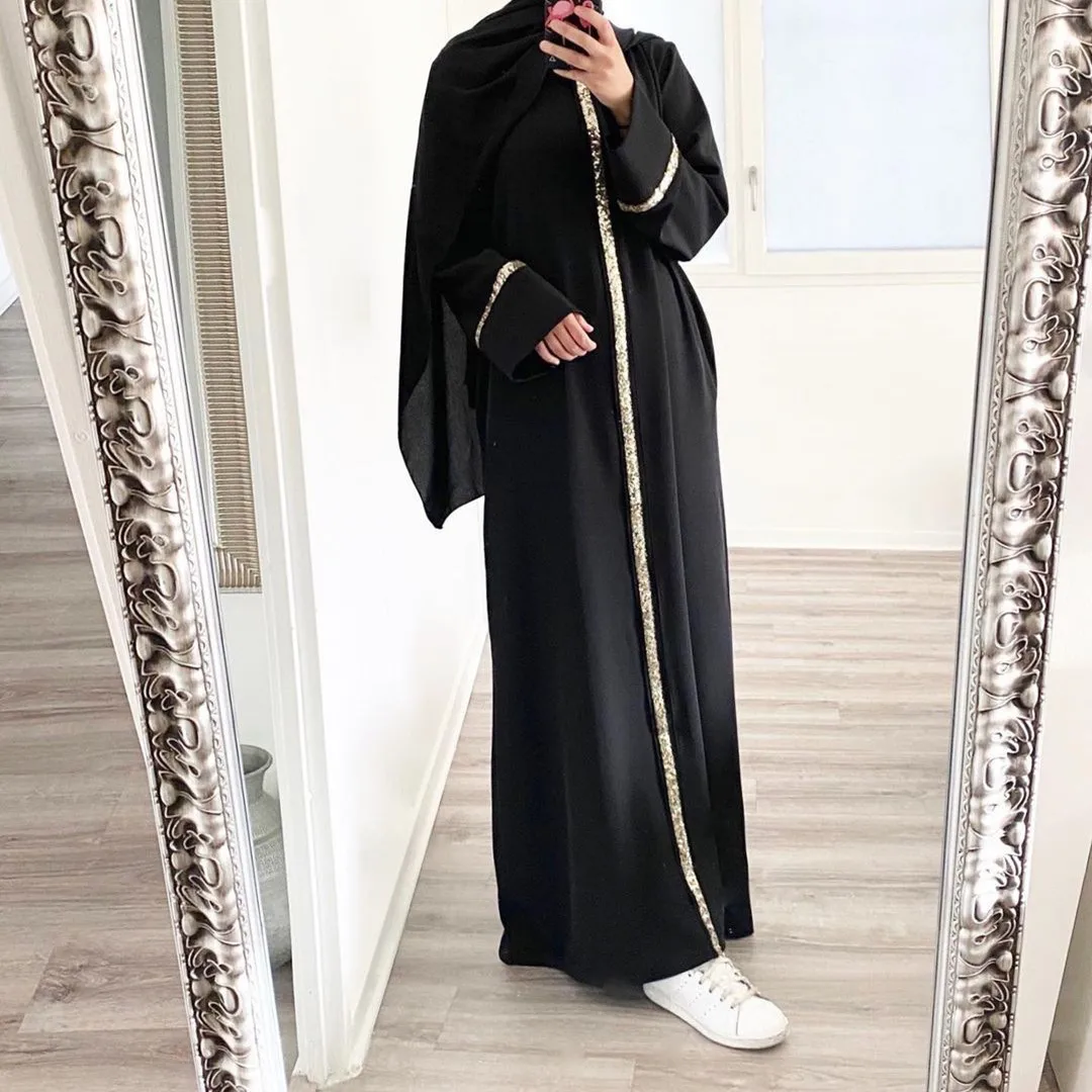New Muslim Robe Spliced Solid Color Chiffon Trimmed Sequin Dress