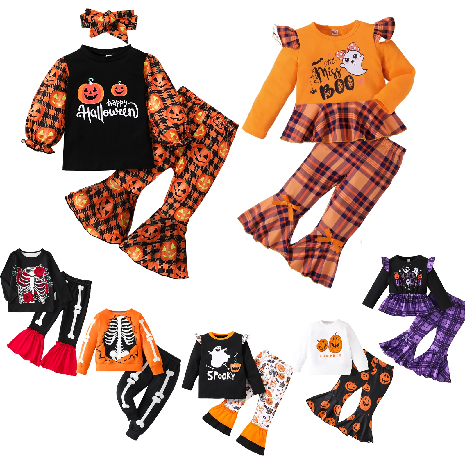 

Kids Halloween Outfits Cute Pumpkin Skeleton Ghost Print Costume Girls Long Sleeve Pullover Tops Pants Autumn Clothing Set 0-5Y