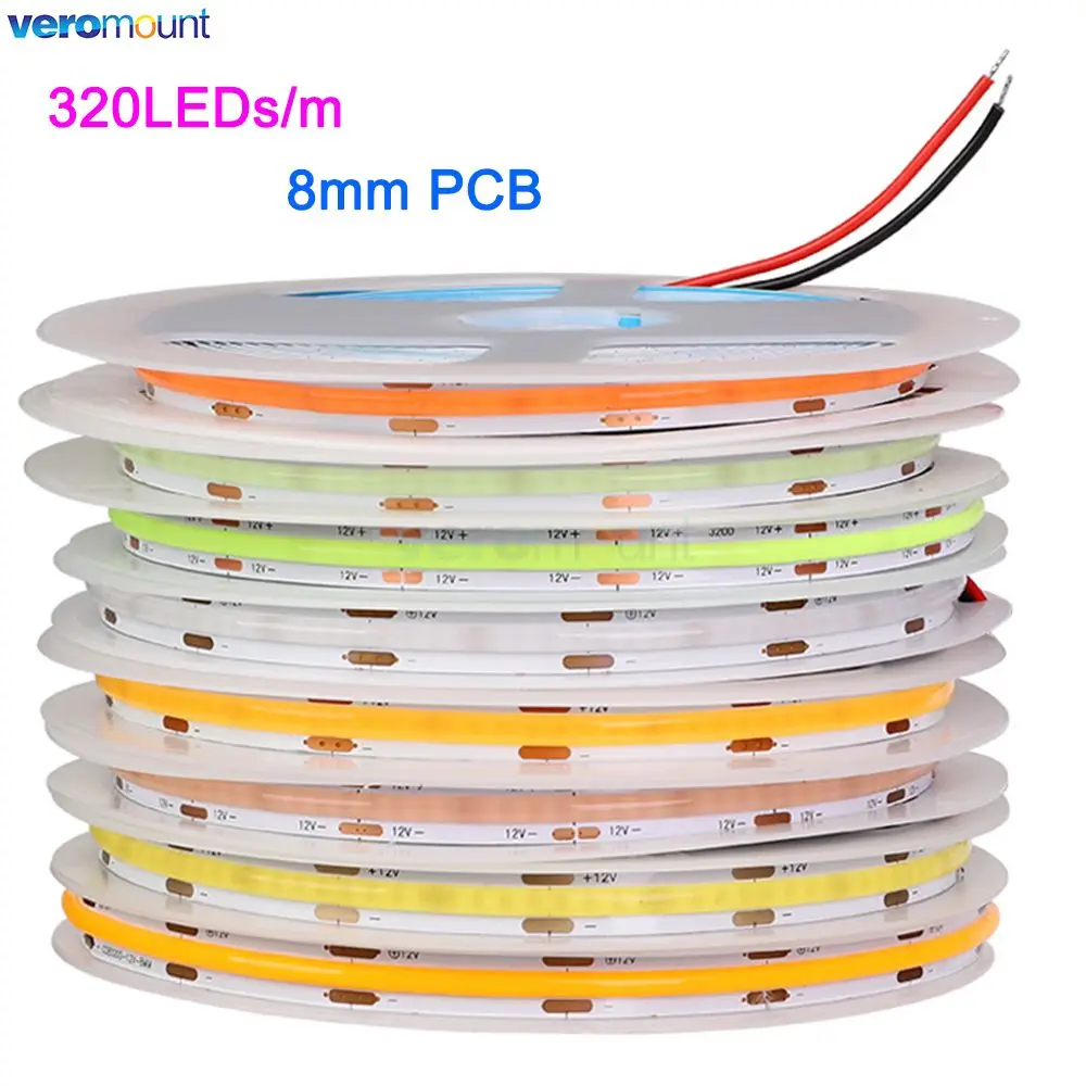 

5m 12V 24V DC 8mm High Brightness COB LED Strip Light 320LEDs/M High Density Flexible Strip Light Color Blue Red Green Pink Ra80