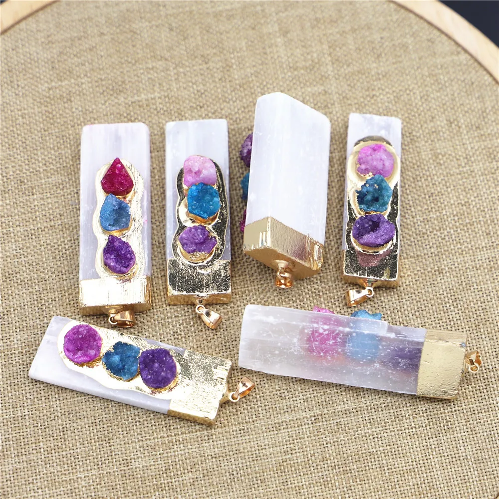 Natural Stone Rectangle Plaster Gypsum Ore Colorful Agate Pendants Making Plated Rectangle Gold Necklace Men Women Jewelry 6PCS