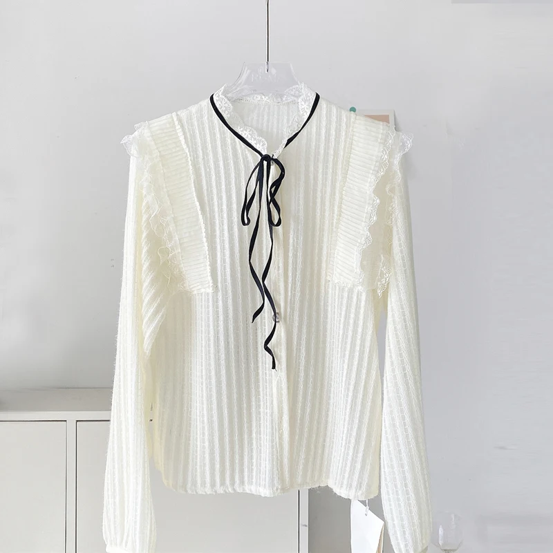 

Autumn French Bow Tie Women Elegant Blouse Korean Fashion New Stand Collar Lace Shirt Female Long Sleeve Sweet Ladies Top 18034