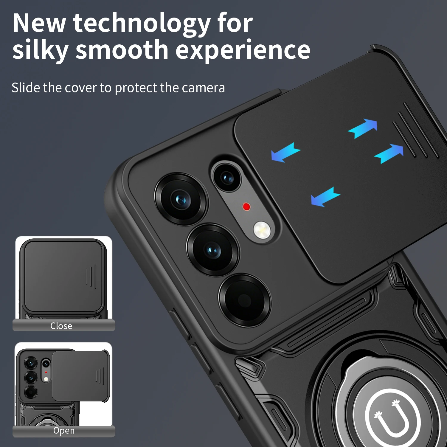 Enhanced Shockproof Armor Case with Slide Camera Lens Protection and Metal Ring Holder