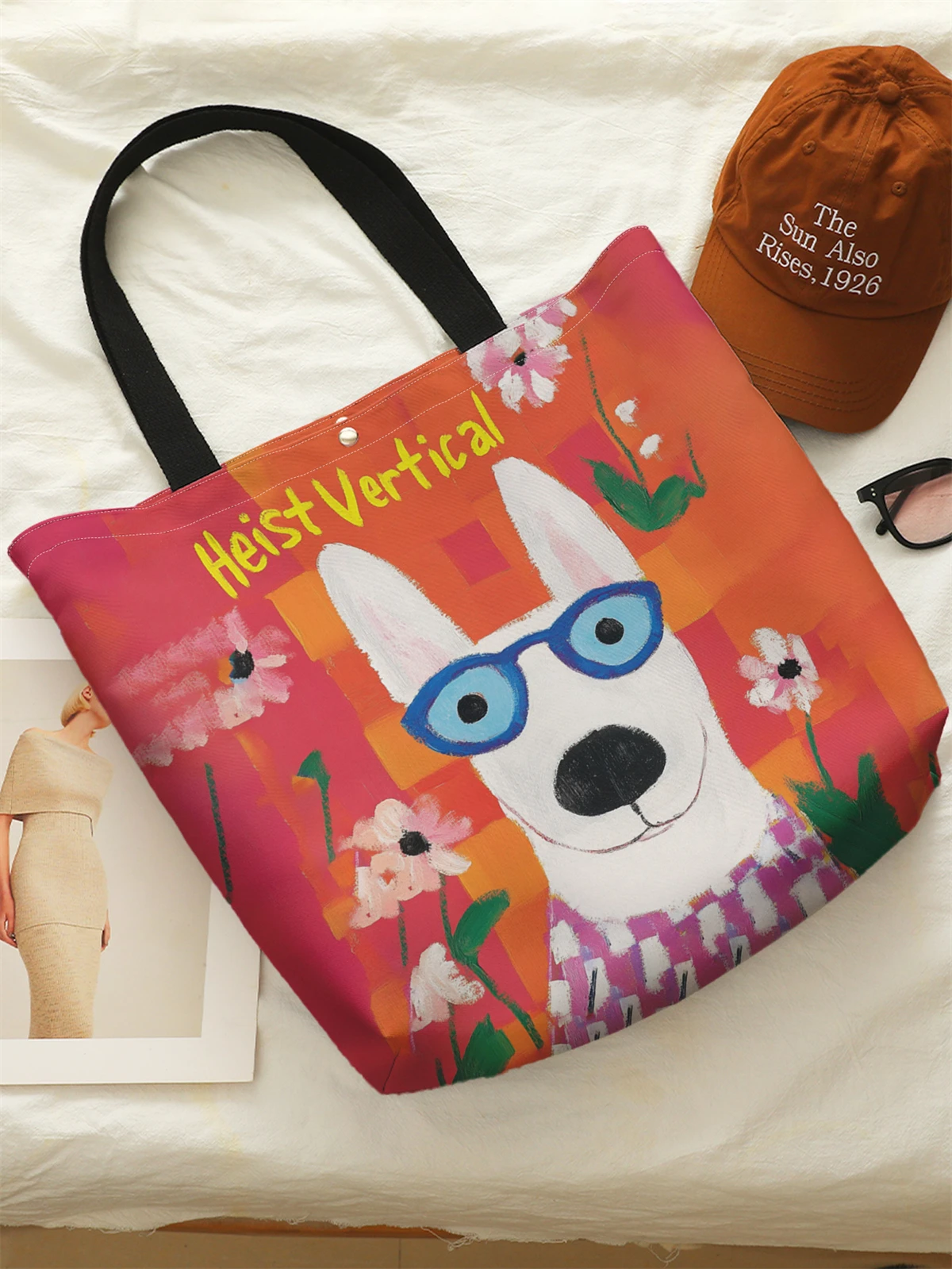 1pc， Cute cartoon dog pattern handbag, reusable fashionable handbag, multifunctional handbag, printed canvas shopping bag