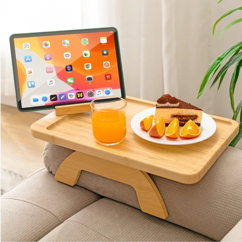

Bamboo Sofa Clip on Side Table for Wide Couches Arm, Foldable Couch Tray with 360° Rotating Phone Holder, Armrest Table