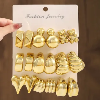 Vintage Big Gold Color Set Earrings For Women Imitation Metal Earing Jewelry 2025 Trending Exaggerated Stud Earrings Pendientes