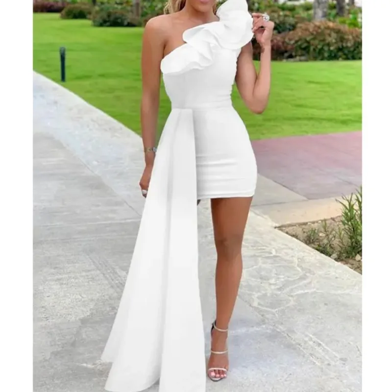 

Sexy Ruffle One Shoulder White Bodycon Dress Sleeveless Irregular Summer Vacation Mini Dress Wedding Guest Dresses For Women