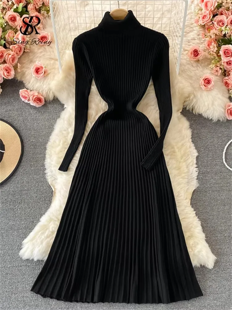 SINGREINY Women Pleated Knitted Dress Turtleneck Long Sleeve