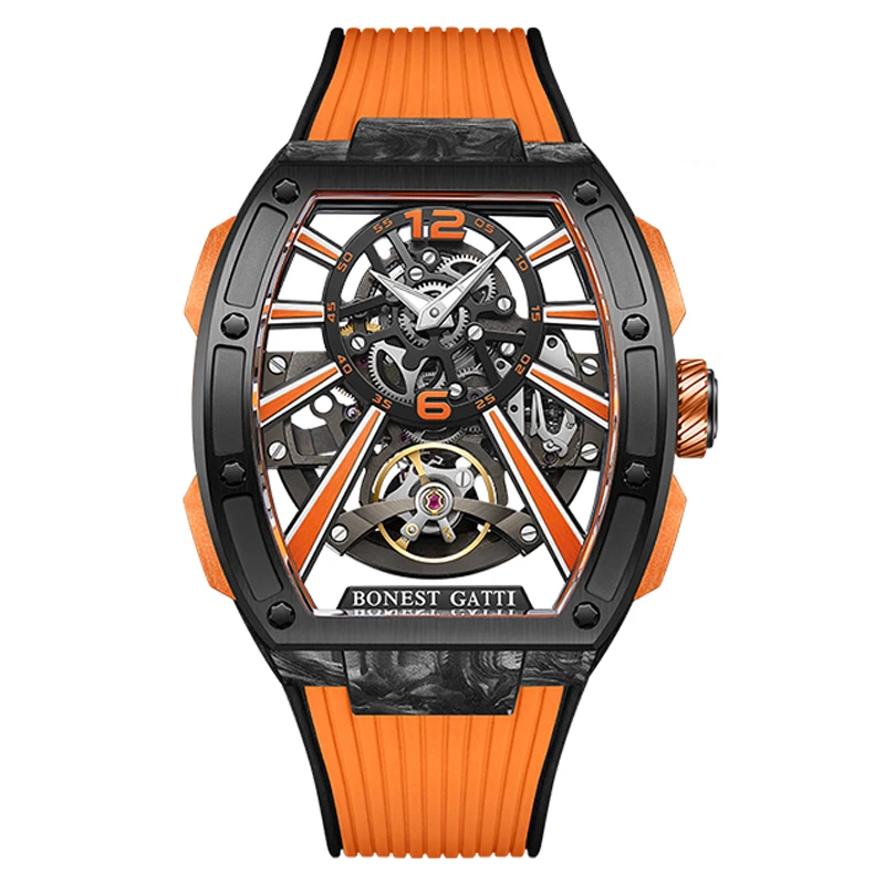 BONEST GATTI Skeleton Automatic Watch 43mm Tonneau Wristwatch Carbon Fiber