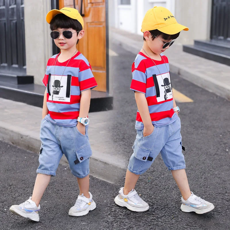 2022 Summer Kids Clothes Sets For Boys 4 6 8 10 12 Year Fashion splicing  Short Sleeve Tops & Pants School Children Sport Suit