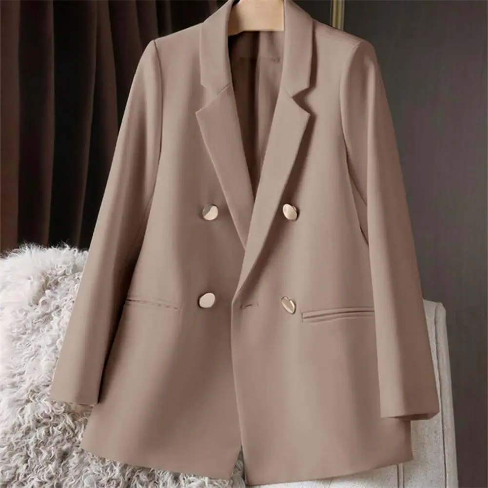 

Women Suit Coat Business Style Loose Double-breasted Casual Blazers Solid Color Lapel Long Sleeve OL Commute Mid Length Jacket