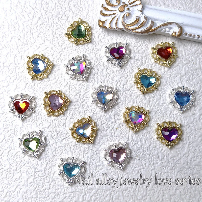 

10pcs Nail Love Design Colorful AB Crystal Rhinestone 3D Gold Silver Alloy Jewelry For Nail Art Decoration Luxury Nail Accessory