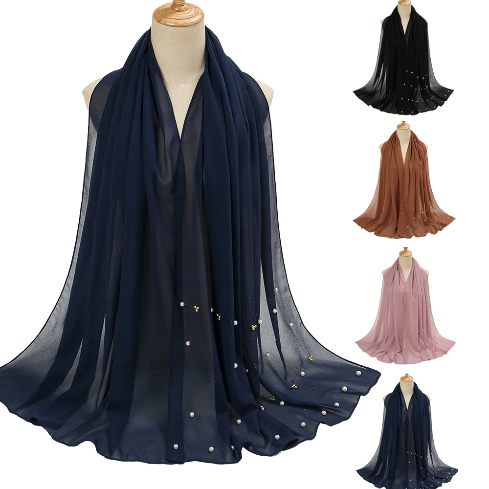 

Plaim Women Muslim Bubble Pearl Chiffon Hijabs Long Scarf Shawls Islamic Arab Headwrap Scarves Stoles Turbante Foulard 175*75cm