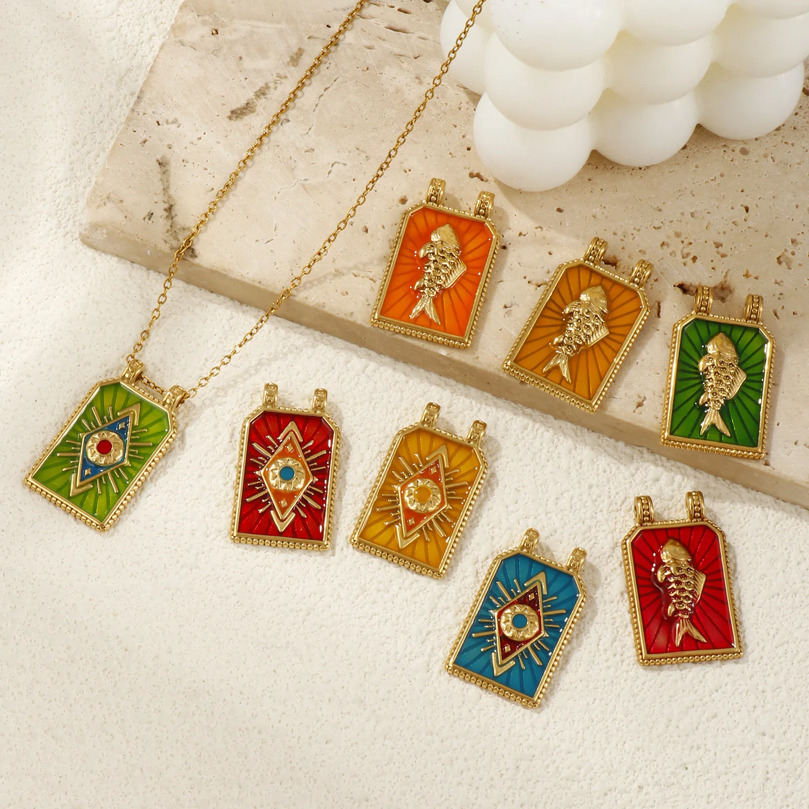1 Stück 304 Edelstahl Charms 18 Karat echt vergoldet Emaille Sechseck Fisch Evil Eye Anhänger für DIY Halskette Schmuckherstellung – Detail 3