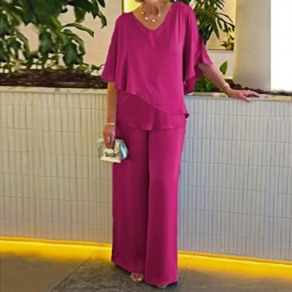 Mother Spring Suit Elegant Women's V Neck Bat Sleeve Top Wide Leg Pants Set Breathable Summer Spring Mother T-shirt Trousers