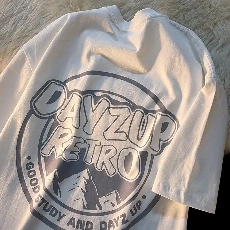 

Pure cotton American retro letter printing loose round neck new short-sleeved t-shirt men and women summer heavy t shirt y2k