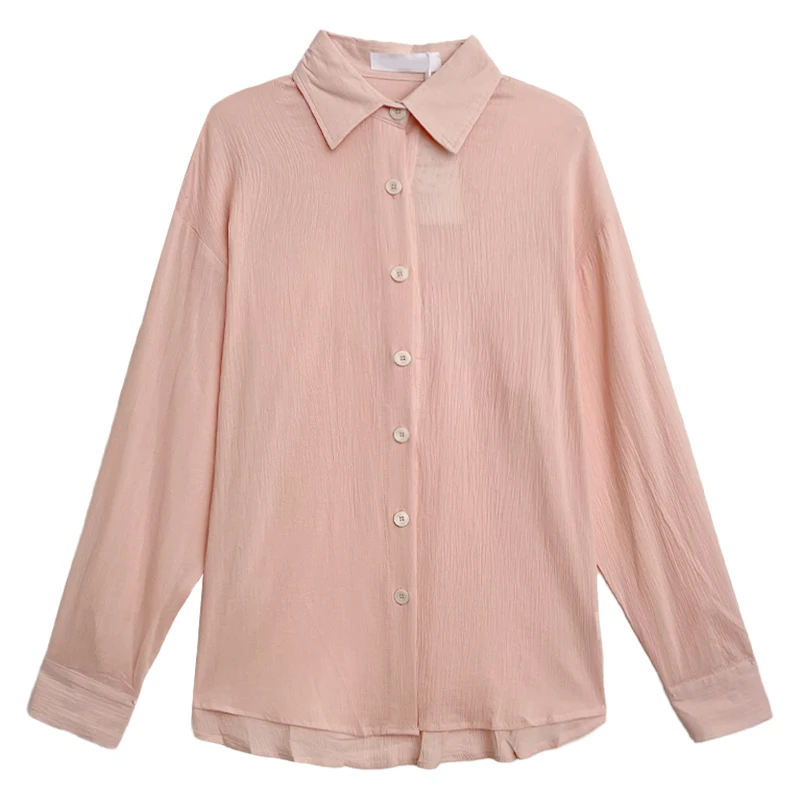 

Spring and summer solid color pleated loose casual thin section sunscreen long-sleeved shirt