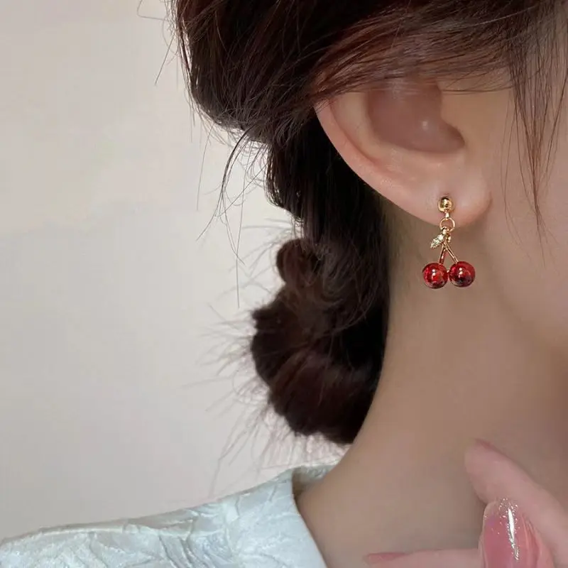 Red Cherry Pendant Necklace Stud Earrings Jewelry Sets Women's Fashion Fruit For Party Wedding Girls Gifts