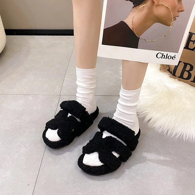

New Autumn Flat Bottom Open Toe Plush Casual Shoes for Women's Comfortable Outdoor Warmth and Fashion Casual Slippers 2023