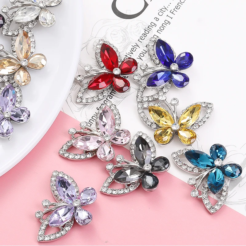 

XiChuan Butterfly shaped Buttons with Rhinestones Combined Metal Base Stylish Jewelry Crystal Glass Pointback Sew Clothes Shoes